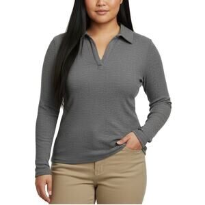 Caslon Women’s Rib Polo Shirt Long Sleeve Gray Collared Pullover Top NWT Size M
